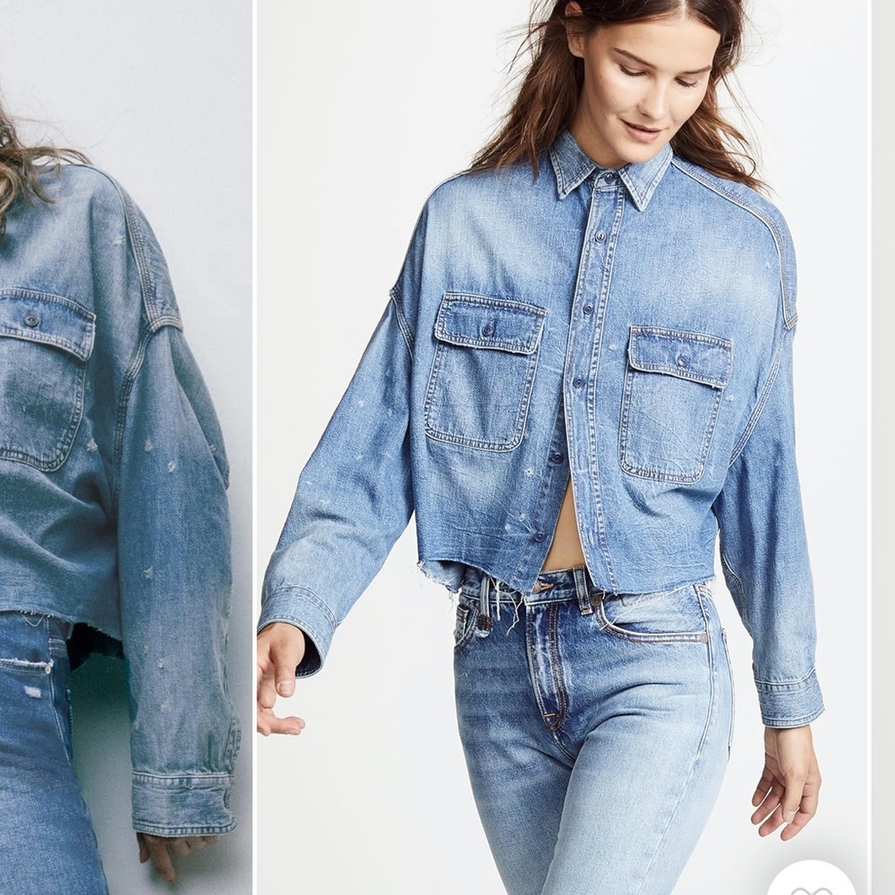 R13 Blue Cropped Denim shirt with distressing